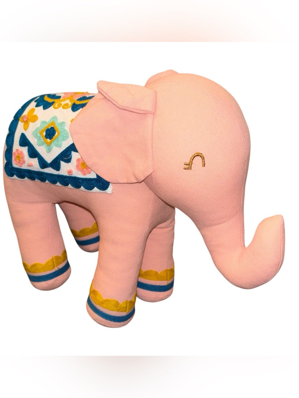 Retired Pink Embroidered Elephant Plush with Colorful Saddle